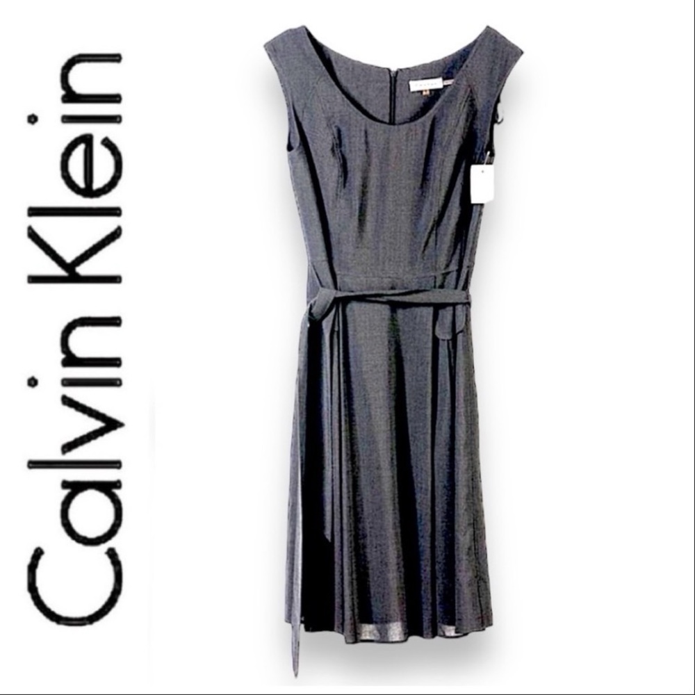 Calvin Klein Gray Belted Sleeveless Scoop Neck Future & Flare Dress NWT Size 4